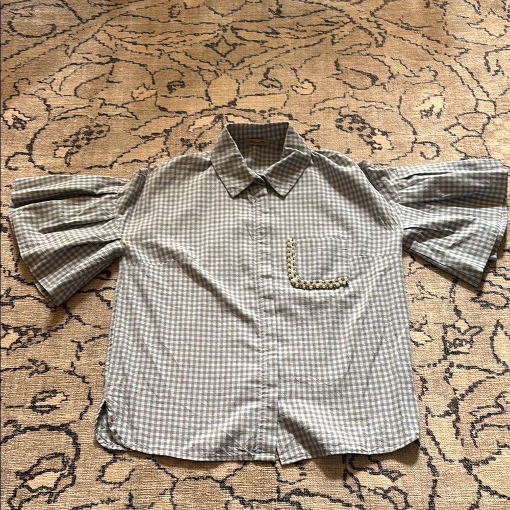 Gingham Button-Down Shirt with Puff Sleeves - Taupe/Blue